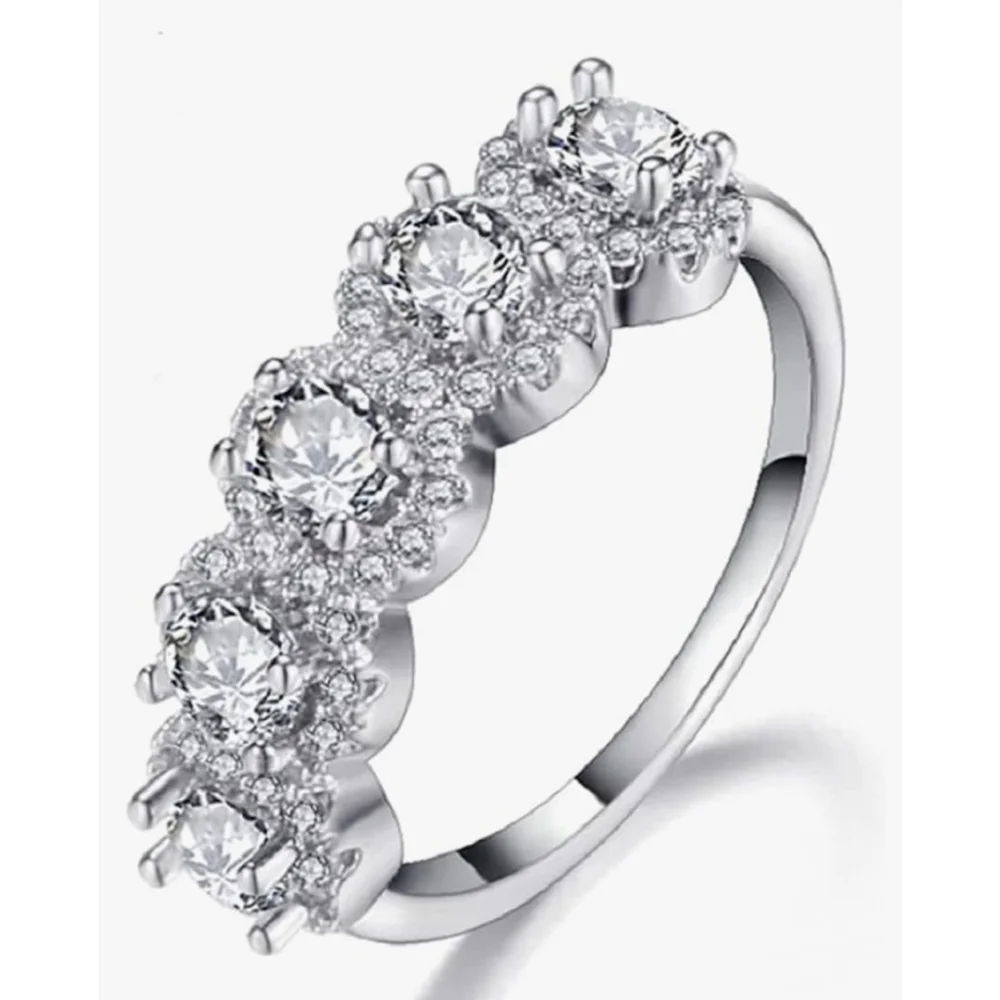 5‎ Stone Halo Simulated Diamond Ring | Platinum Plated Sterling Silver